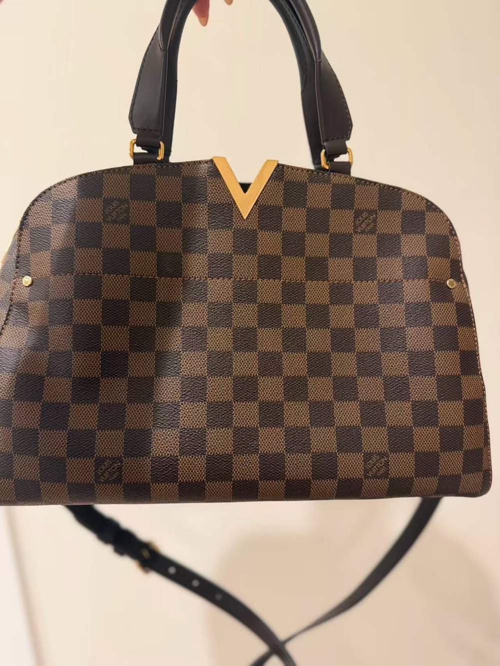 Authentic Louis Vuitton Damier Ebene Kensington Bowling bag with gold-tone V